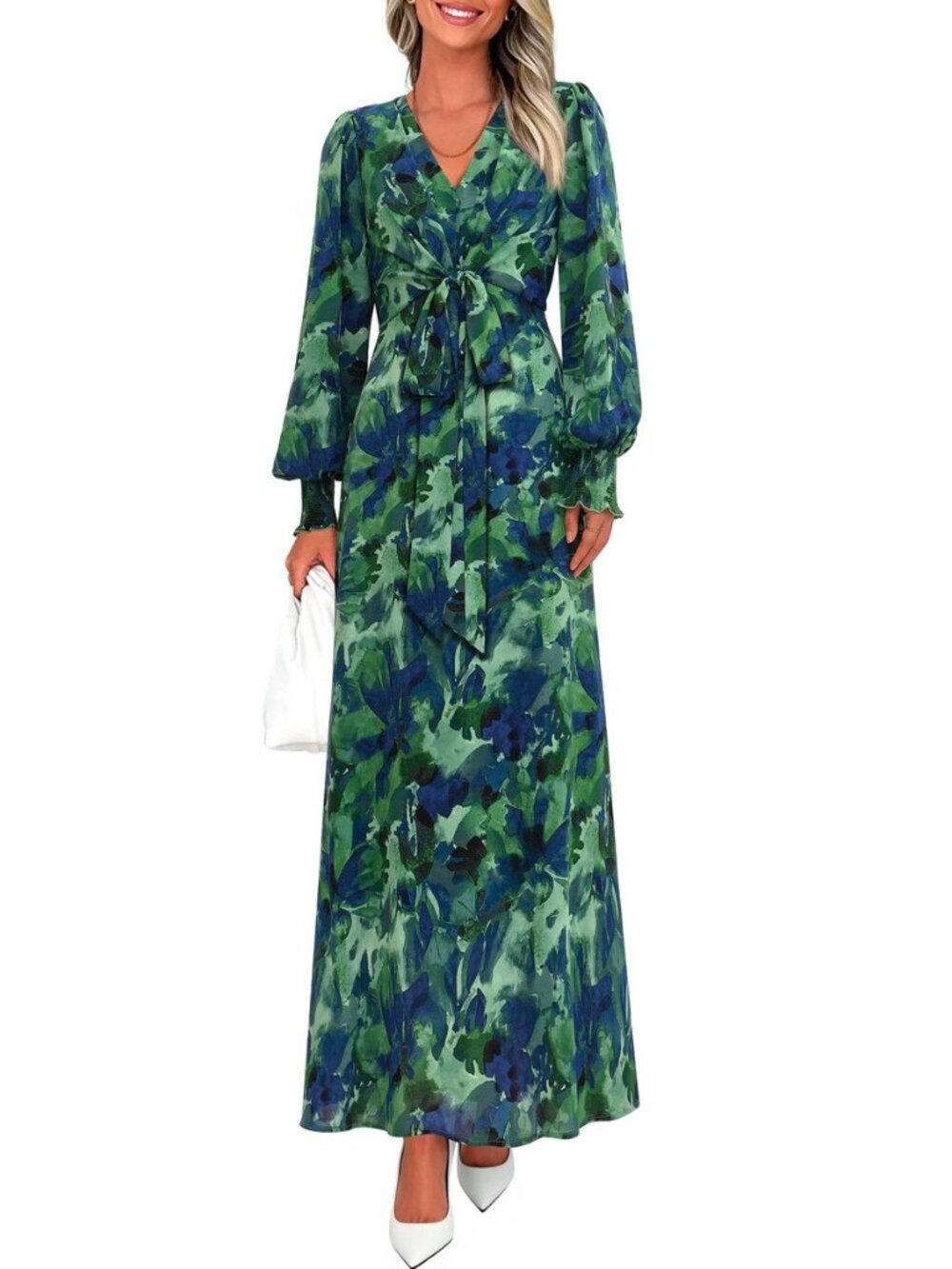 Women's Tie Waist Floral Maxi Dress